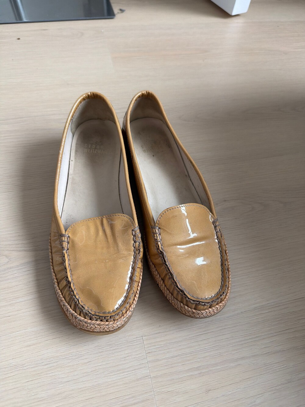 Stuart Weitzman patent loafers in camel brown 7M